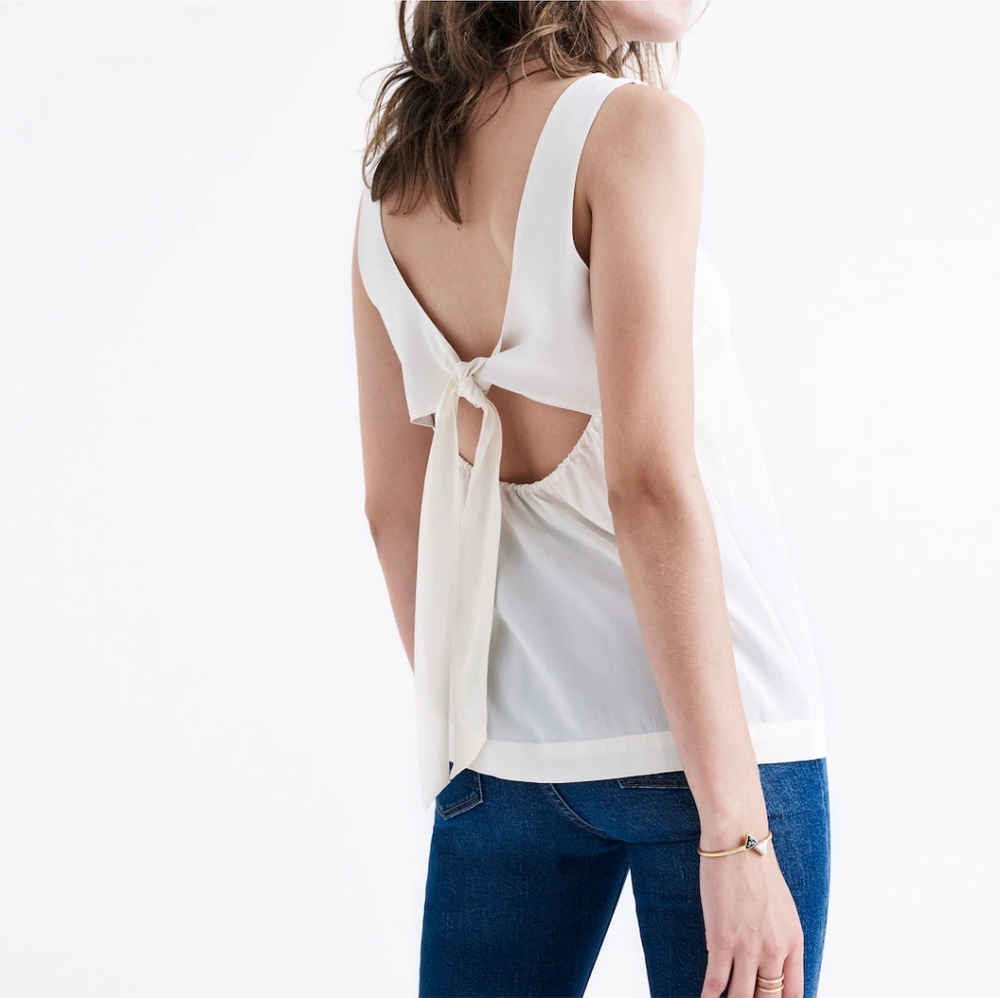 Madewell Silk Lookout Bow-Back Cutout Top Navy Blue Sleeveless Round Neck- L - Picture 12 of 12